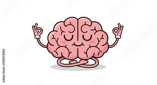 Illustration of a pink brain meditating with eyes closed and fingers in a yoga pose, promoting mental clarity and relaxation