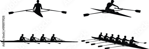 Rowing team and single scull silhouettes set, competitive rowing sport athletes isolated vector illustration