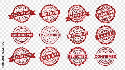 Collection of red rubber stamp badges and seals for sales, shipping, quality, and confirmation, featuring Halal, Top Seller, Guaranteed, Free Delivery, Best Quality, Booked, Sold Out, and Rejected.