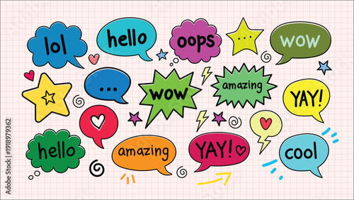 Vibrant Hand Drawn Speech Bubbles with Exciting Words and Stars Abstract Doodle Art for Creative Communication and Expressive Design Elements
