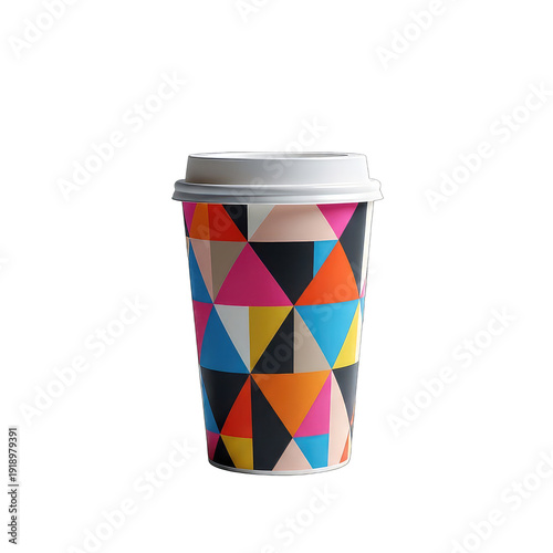 Takeaway coffee cup with colorful geometric pattern. Subject with clean edge on transparency.