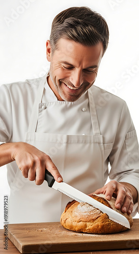 Joyful chef slicing a warm, golden-brown artisan bread
