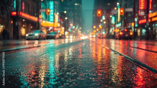 Wallpaper Mural City streets reflect colorful neon lights and wet pavement during a rainy evening Torontodigital.ca