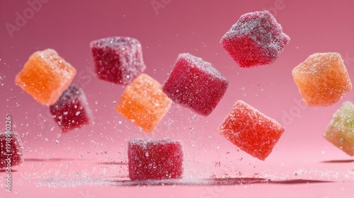 Falling gummy fruit jelly candies with sugar sprinkles on pink background
