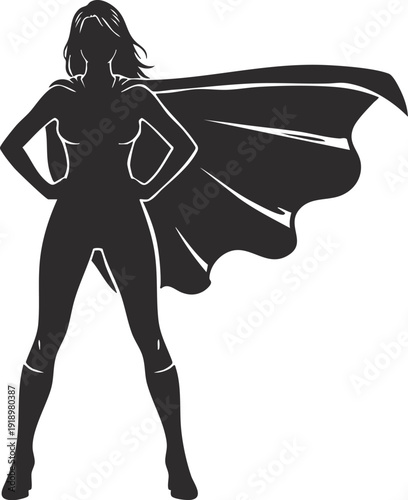Confident woman stands as a superhero with her cape blowing in the wind