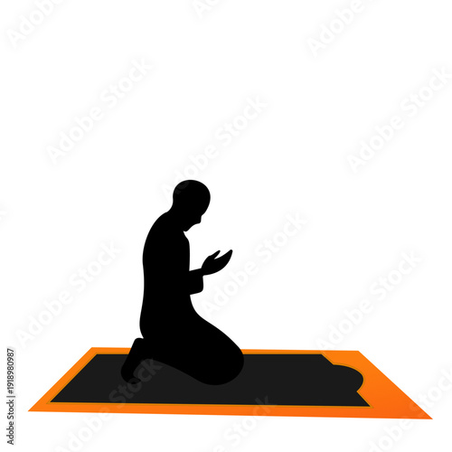 Silhouette of a Muslim person kneeling in prayer on a mat.