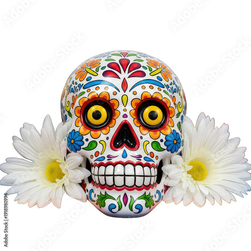 Vibrant Sugar Skull with White Daisies Isolated Subject on Transparent Background