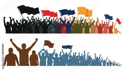 A diverse crowd of people enthusiastically waving colorful flags at a lively event
