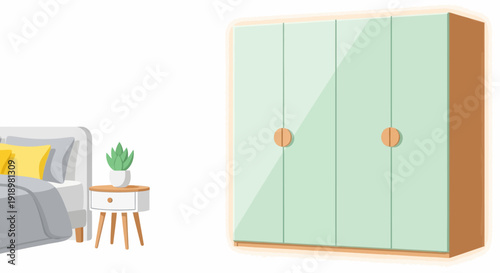 Frying pan with cooking utensils on kitchen countertop illustration
