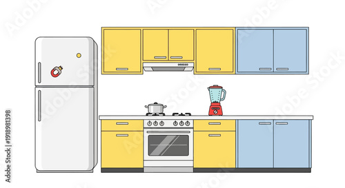 Modern yellow kitchen interior with cabinets and appliances illustration
