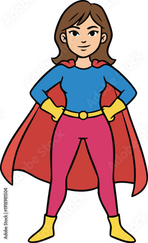 Confident woman stands as a superhero with her cape blowing in the wind