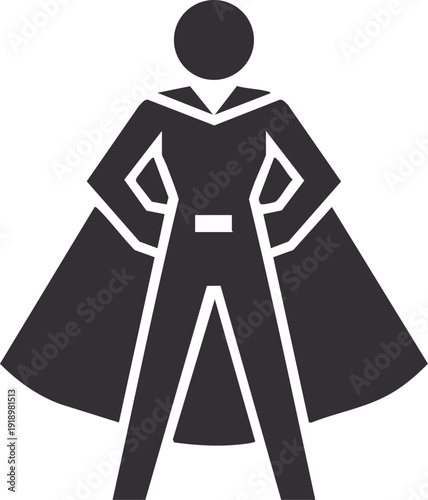 Confident woman stands as a superhero with her cape blowing in the wind