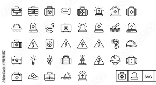 Safety First: A comprehensive set of illustrative icons symbolizing safety, emergency response, and equipment
