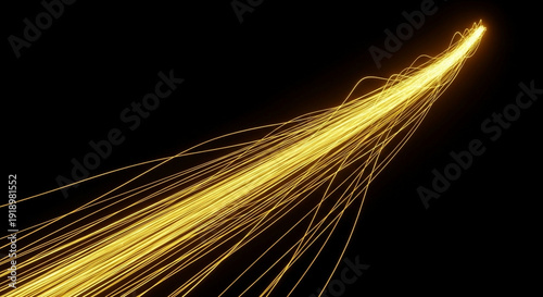 a highly detailed, professional photography of a three-dimensional abstract background, featuring a dynamic, ascending stream of glowing gold and fluorescent yellow neon lines and threads, with subtle