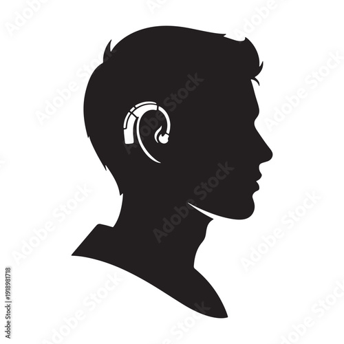 Vector silhouette of a boy's head with hearing aid, side profile, black and white, isolated on transparent background, png