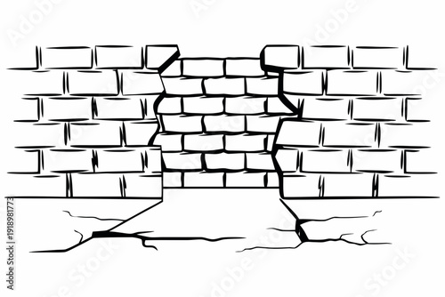 A black and white vector illustration of a cracked brick wall with broken bricks and cracks