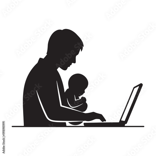 Silhouette of man working on laptop with baby on lap, vector illustration for website or presentation, isolated on transparent background, png