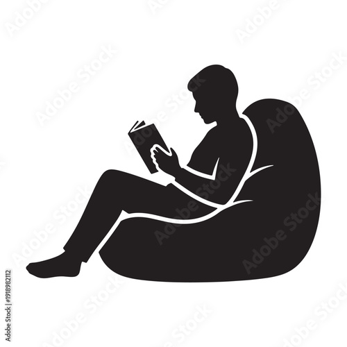 Silhouette of a man sitting on a bean bag chair reading a book, vector illustration, Isolated on transparent background, png