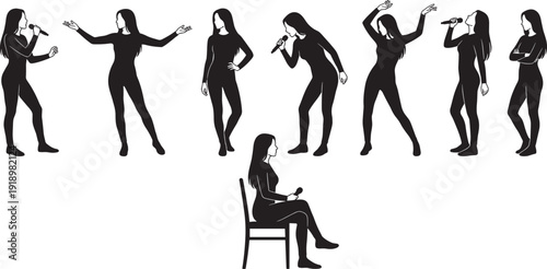 Female singer silhouette vector set, woman performing with microphone in dynamic stage poses illustration