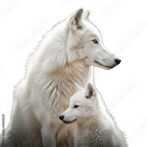 Majestic White Wolf and Pup Family Portrait, PNG with Alpha Channel for Wildlife Studies