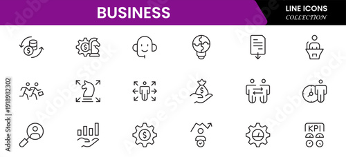 Business and Finance web icons in line style. Money, bank, contact, infographic. Icon collection. Vector illustration.