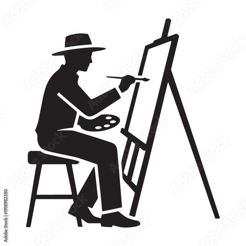 Black silhouette of a painter sitting on a stool with an easel, holding a brush and palette, isolated on transparent background, png
