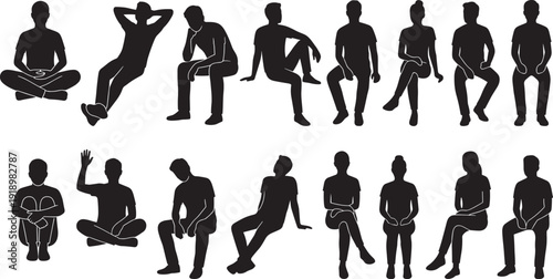 People sitting silhouettes large collection, men and women various seated poses isolated vector illustration set