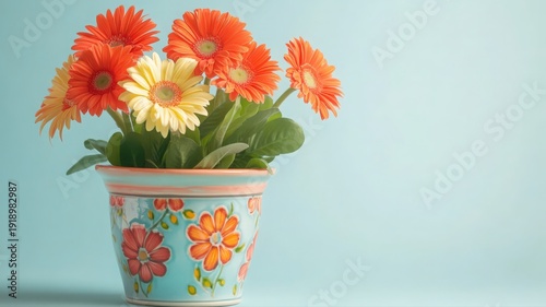 Colorful Gerbera Daisies in a Decoratively Painted Ceramic Pot on a Soft Blue Background