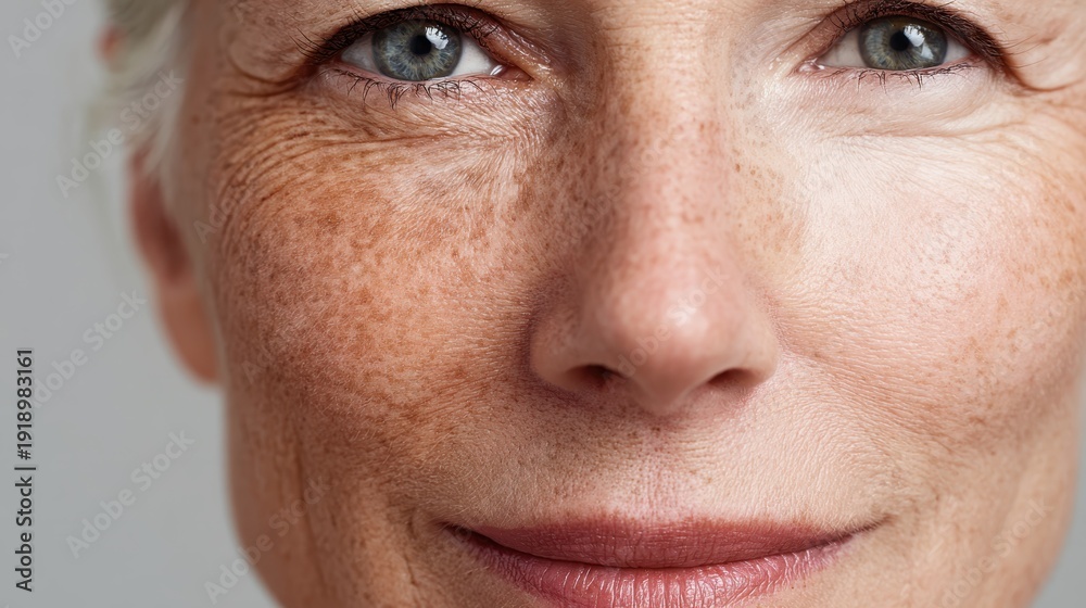 Obraz premium Woman's face showing skin damaged by sun exposure, aging, wrinkles, and hyperpigmentation on one side, with a healthy, rejuvenated skin appearance on the other for comparison