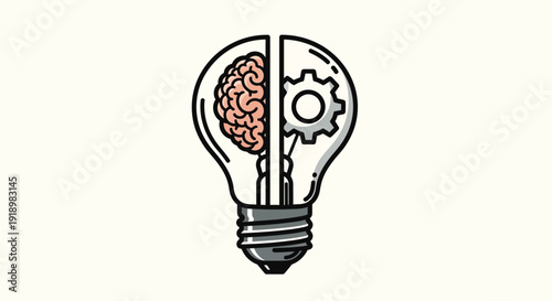 Innovative light bulb symbolizing idea generation with half brain and half gear mechanism representing combined creativity and logic for problem-solving