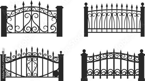 Four different black fence silhouettes on white background 