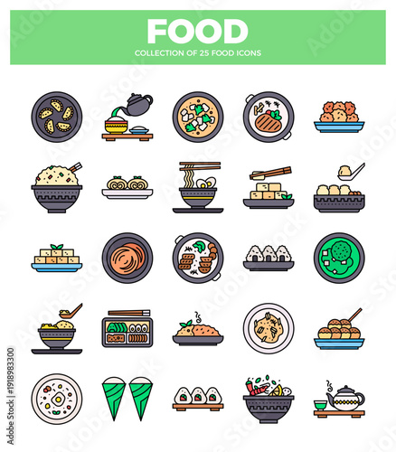 Asian food icons on a white background with green header