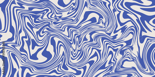 Blue wavy lines abstract background. Trendy psychedelic retro style backdrop. Waves, swirl and twirl pattern. Twisted distorted vector texture. Y2k aesthetic design