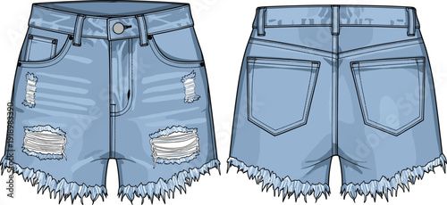 Flat vector illustration of distressed denim shorts, front and back views, frayed hem, pockets, casual fashion, worn-in clothing artwork