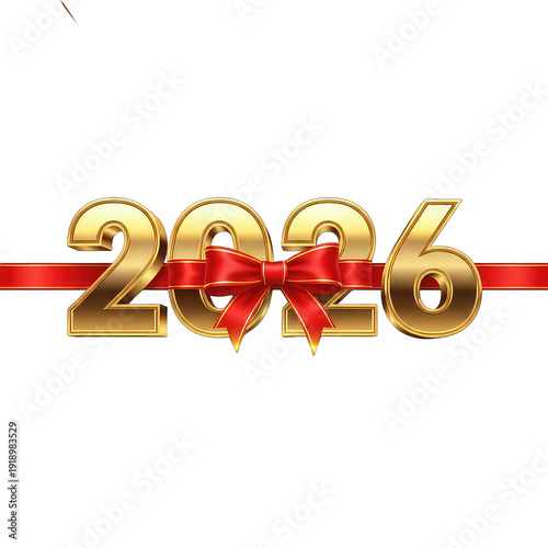 Golden 2026 Year with Red Festive Ribbon Bow, Transparent PNG Cut-out for New Year