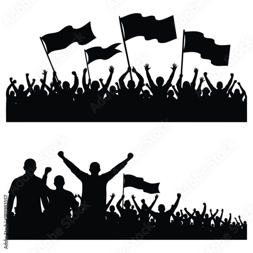 Silhouette of a crowd cheering and waving flags at a sports event