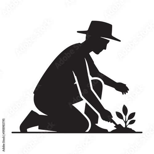 Black silhouette of a man planting a seedling, gardening icon, isolated on transparent background, png