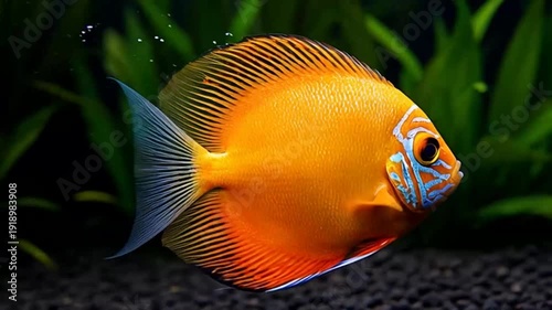 Vibrant orange fish with blue accents swimming in aquarium