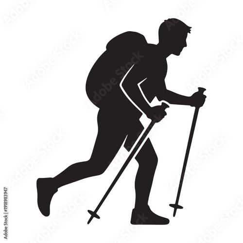 Active hiker running with trekking poles in silhouette