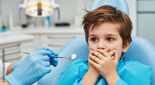 Scared young boy covering mouth with hands in dentist chair with mirror child fear