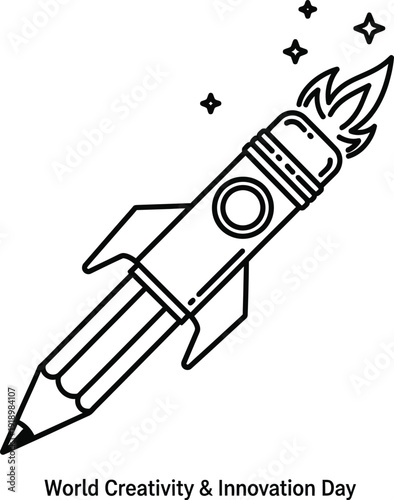 Pencil rocket launching into space for world creativity and innovation day vector line art design