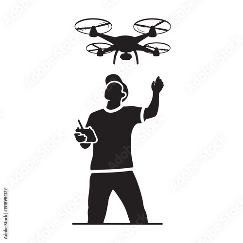 Man operating drone with remote control in hand expertly