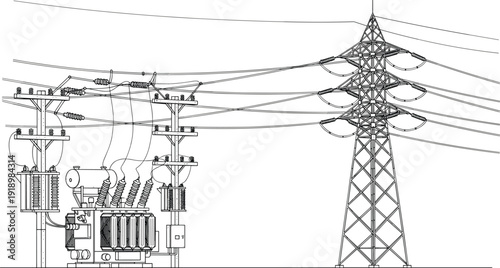 Flat vector illustration of electrical substation infrastructure, high voltage transmission tower, power distribution system, energy supply network, industrial design art