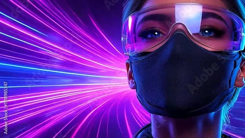 Woman wearing futuristic pink goggles and black mask against neon lights background