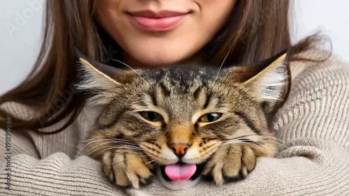 Woman tenderly holding adorable tabby cat with eyes closed