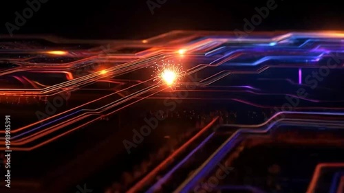 Vibrant neon circuit board with glowing connections and pathways