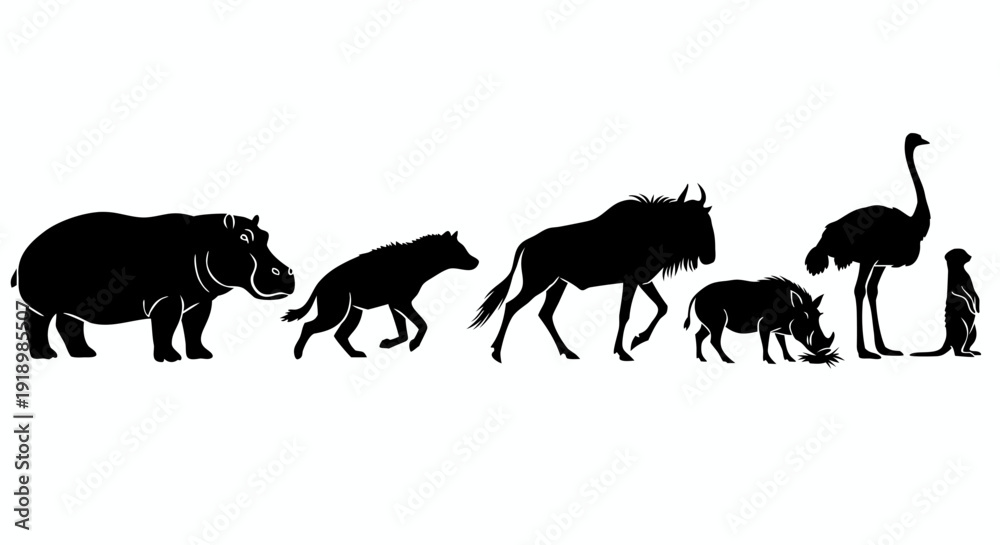 Fototapeta premium Black and white silhouette illustration of a collection of African savanna wildlife including a hippopotamus hyena wildebeest warthog ostrich and meerkat