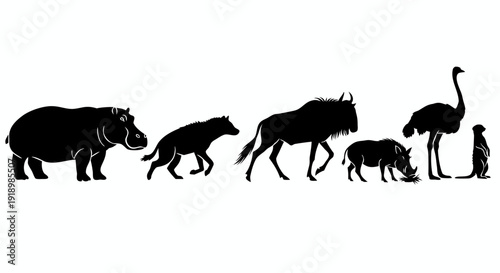 Black and white silhouette illustration of a collection of African savanna wildlife including a hippopotamus hyena wildebeest warthog ostrich and meerkat