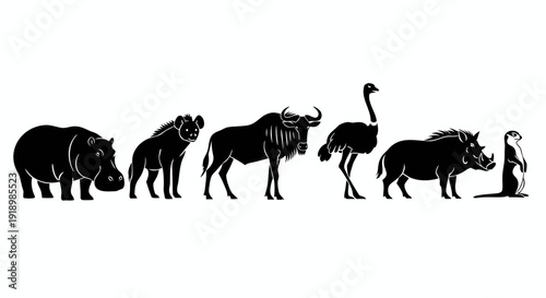 Black and white silhouette illustration of a collection of African savanna wildlife including a hippopotamus hyena wildebeest ostrich warthog and meerkat