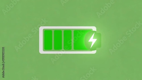 Green battery icon with lightning bolt charging symbol, animated motion graphics loop